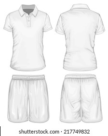 Men's white short sleeve polo-shirt and sport shorts design templates (front and back views). Vector illustration.