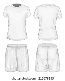 Men's white short sleeve t-shirt and sport shorts design templates (front and back views). Vector illustration.