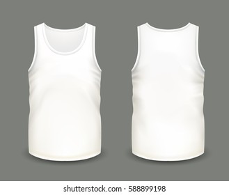 Men's white sleeveless tank in front and back views. Vector illustration with realistic male shirt template. Fully editable handmade mesh. 3d singlet used as mock up for prints or logo design.