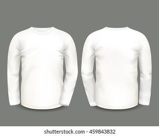 Men's White Sweatshirt Long Sleeve In Front And Back Views. Vector Template. Fully Editable Handmade Mesh.