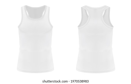 Men's white tank top mockup in front and back views. Clothe template. Sleeveless T-shirt. Realistic vector illustration isolated on white background