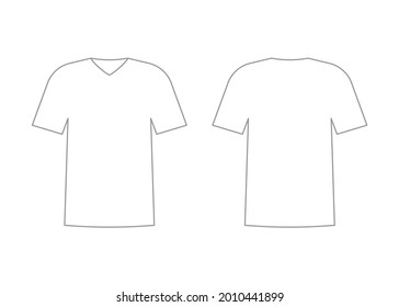 Mens white t-shirt outline template with short sleeve and v neck. Shirt mockup in front and back view. Vector illustration