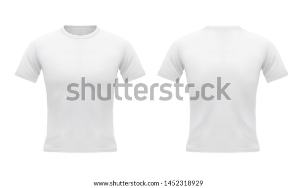 男性用の白いtシャツで 前と後ろに短い袖が付いている スポーツ用のuネック衣料 デザインテンプレート 空のモックアップ 白い背景に3dのリアルなベクター画像 のベクター画像素材 ロイヤリティフリー