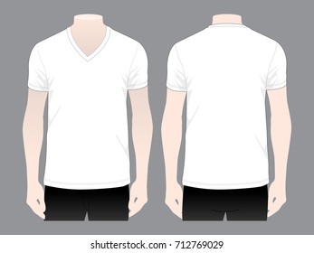 Men's White V-Neck Shirt Vector for Template.Front And Back Views.