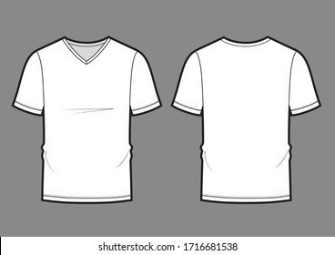 men's white V-neck t-shirt design templates (front, back views). Vector illustration.