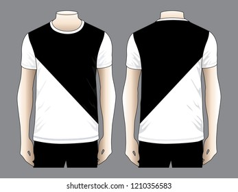 Men's White-Black Short Sleeve T-shirt Design on Gray Background.Front and Back View, Vector File