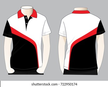 Men's White-Black-Red Short Sleeve Polo Shirt Design With Curve Style Vector.Front and Back View.