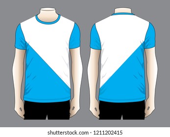 Men's White-Blue Short Sleeve T-Shirt Design Vector on Gray Background.Front and Back View.