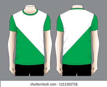 Men's White-Green Short Sleeve T-shirt Design on Gray Background.Front and Back View, Vector File