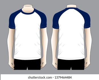 
Men's White-Navy Blue Raglan Short Sleeve T-shirt Design on Gray Background.Front and Back View, Vector File