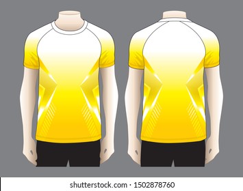 Men's White-Yellow Short Raglan Sleeve T-Shirt with Graphic Line Design on Gray Background. Front and Back Views, Vector File.