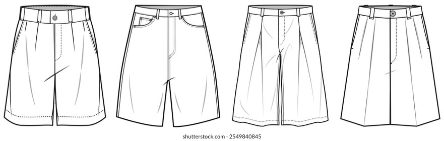 mens wide leg baggy bermuda shorts fashion flat sketch vector illustration technical cad drawing template