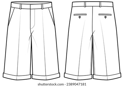 hombres pierna ancha bermuda shorts plano sketch ilustración vectorial front y back view plantilla de dibujo de cad técnico