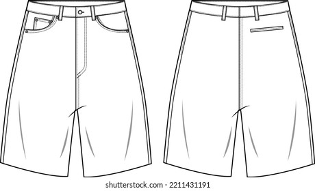 Mens wide leg chino shorts front and back view flat sketch fashion illustration