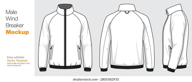 Men's Windbreaker Jacket Mockup Vector Template - Front, Back, and Side View