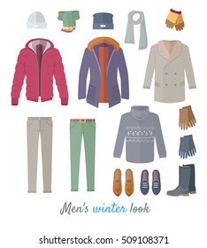 Men's winter look vector concept.  Flat design. Set of casual men's clothing for cold season. Pants, jacket, sweater, jacket, coat, sweater, shoes, boots, moccasins, gloves, hat, scarf illustrations