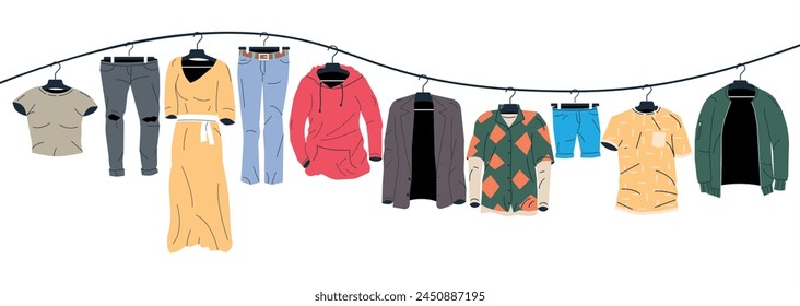 Mens and Womans Clothes on Hanger. Home or Shop Wardrobe. Clothes and Accessories. Various Hanging Clothing. Jacket, Shirt, Jeans, Pants. Cartoon Flat Vector Illustration