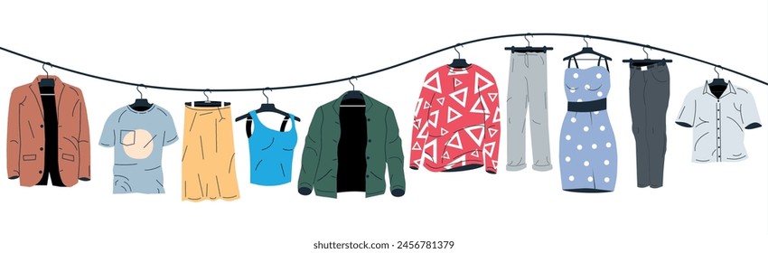 Ropa de hombre y mujer en la percha. Hogar o Tienda Armario. Ropa y Accesorios. Ropa colgante variada. Chaqueta, Camisa, Jeans, Pantalones. Ilustración vectorial plana de dibujos animados