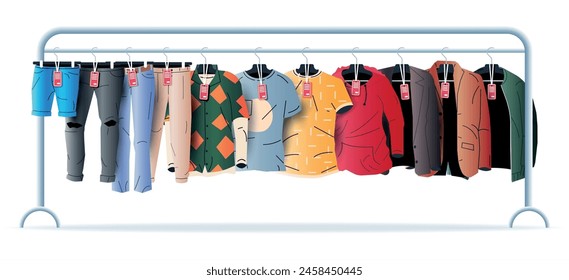 Mens and Womans Clothes on Hanger. Shop Wardrobe. Clothes and Accessories. Various Hanging Clothing with Price Tag. Seasonal Sale of Clothes. Jacket, Shirt, Jeans, Pants. Flat Vector Illustration