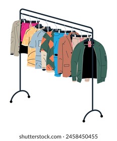 Mens and Womans Clothes on Hanger. Shop Wardrobe. Clothes and Accessories. Various Hanging Clothing with Price Tag. Seasonal Sale of Clothes. Jacket, Shirt, Jeans, Pants. Flat Vector Illustration