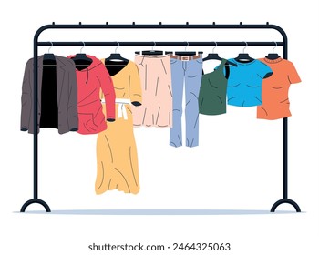 Mens and Womans Clothes on Hanger. Home or Shop Wardrobe. Clothes and Accessories. Various Hanging Clothing. Jacket, Shirt, Jeans, Pants. Cartoon Flat Vector Illustration