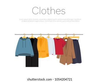 Men's and woman's clothes on hangers, vector illustration