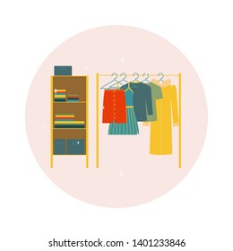 Men's and woman's clothes on hangers and on open shelf. Clean wardrobe. Bright vector illustration. Flat concept. - Vector