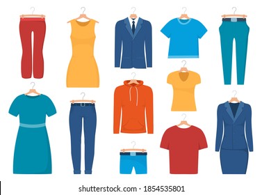 Men's and woman's clothes on hangers, set. Dress, trousers, sweatshirt, t-shirt, shorts, top, jacket suit Vector illustration