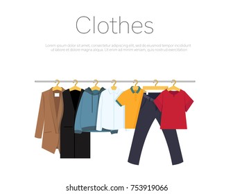 Men's and woman's clothes on hangers, vector illustration - Shutterstock ID 753919066
