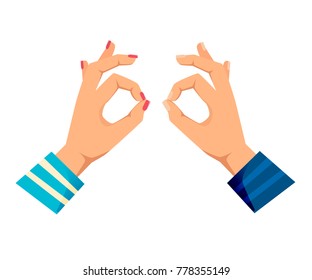 Men's and women s hands with gestures. Concept of control and order, calmness, approval, signals yes, ok, everything is good, gesture of assurance. Signals man's, woman s hands. Vector illustration