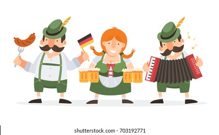 Mens and women in traditional Bavarian costume celebrate and have fun at Oktoberfest beer festival. Vector illustration.