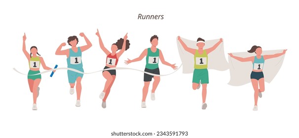 Men's and women's athletes strike a winning pose at the finish line. Hand-drawn human design with realistic proportions.