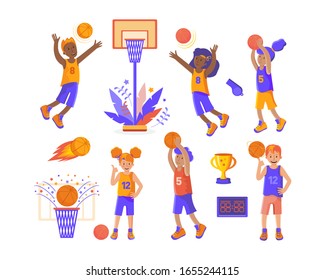 Men's and women's basketball teams. Sports set on the theme of basketball. Girls and boys basketball players, net, scoreboard, ball, whistle, Cup. Athletes and various attributes for sports games