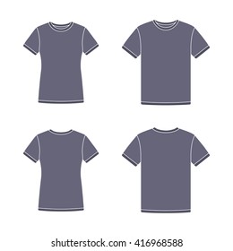 Mens and womens black short sleeve t-shirts templates. Front and back views. Vector flat illustrations