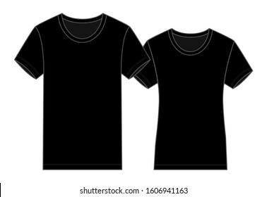 Men's and Women's Blank Black Short Sleeve T-Shirt Template Vector, Front View.