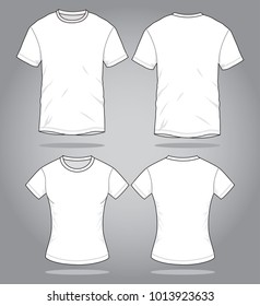 Men's and Women's Blank White Short Sleeve T-Shirt Template on Gray Background. Front and Back Views, Vector File.