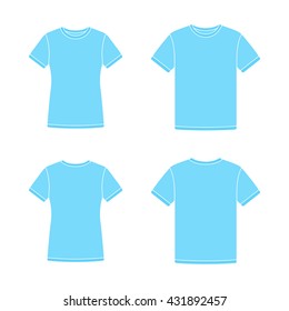 Mens and womens blue short sleeve t-shirts templates. Front and back views. Vector flat illustrations