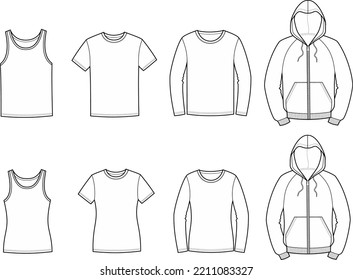 Men's and women's casual clothes set. Zipped hoodie, long sleeve jumper, t-shirt, singlet. Fashion CAD. Vector illustration. 