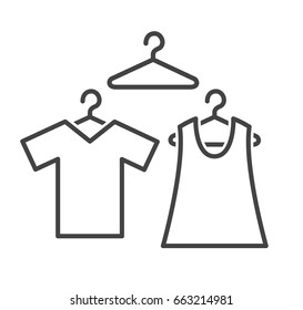 Ropa de hombres y mujeres en perchas. Iconos y pictogramas variados. Ilustración vectorial.