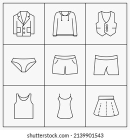 men's and women's clothing for different seasons, icons set. Lines with editable strokes
