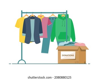 Men's and women's clothing on a hanger. Clothes box. Donation of clothing. Concept of social and humanitarian aid, volunteering and charity.Vector illustration.