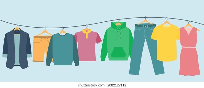 Men's and women's clothing on a hanger. Organization of clothes or storage. The interior of a closet or wardrobe. Donation of clothes. Vector illustration.