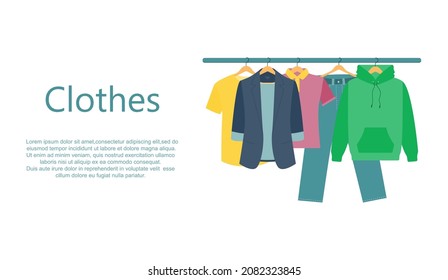 Men's and women's clothing on a hanger. Organization of clothes or storage. The interior of a closet or wardrobe. Donation of clothes. Vector illustration.