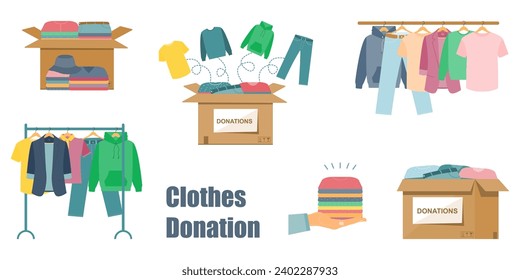 Men's and women's clothing on a hanger. Clothes box. Donation of clothing. Concept of social and humanitarian aid, volunteering and charity.Vector illustration.