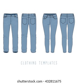 Men's and women's clothing set of blue jeans. Vector templates in front, back views for fashion design in urban style. Isolated on white background.