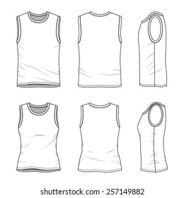 Men's and women's clothing set  in front, back and side views. Blank templates of vest tops. Casual style. Vector illustration for your fashion design. 