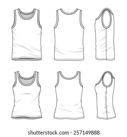 Men's and women's clothing set  in front, back and side views. Blank templates of tops. Casual style. Vector illustration for your fashion design. 