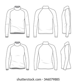 Men's and women's clothing set. Front, back and side views of blank tee with raglan sleeve. Casual style. Vector templates for your fashion design. Isolated on white.