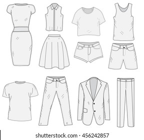 Men's and Women's Clothing set sketch. Clothes, hand-drawing, doodle style. Clothes vector illustration.