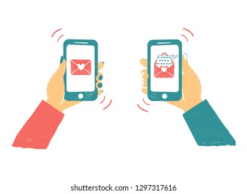 Men's and women's hand holding phone with love mails. Online love chat in internet. Like button. Send love letters to each other. Valentine's day concept in internet